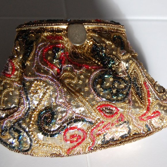 ELEGANT VINTAGE MAGID Gold Seed Bead Evening Bag With 19" Gold One Rope Strap - Picture 1 of 9